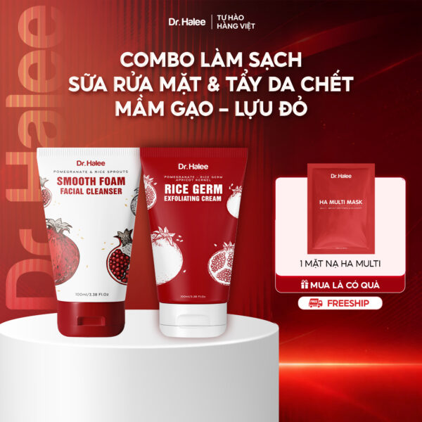 Bộ Đôi Làm Sạch Sữa Rửa Mặt Và Tẩy Tế Bào Chết Lựu Đỏ Mầm Gạo Dr.Halee