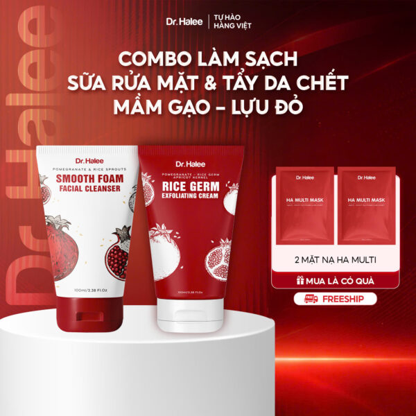 Bộ Đôi Làm Sạch Sữa Rửa Mặt Và Tẩy Tế Bào Chết Lựu Đỏ Mầm Gạo Dr.Halee